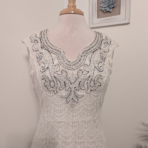 Reba Vintage Lace Boho Embroidered Beaded Cap Sleeve Midi Dress Cream Medium - Picture 2 of 8